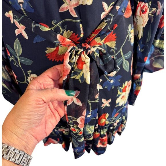 Betsey Johnson Floral Navy Wrap Dress W/ Ruffle Sleeves & Tie Back - Picture 10 of 10